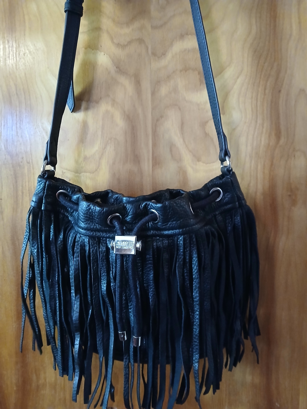 ​Aimee Kestenberg Black Pebbled Leather Fringe Crossbody Bucket Bag Boho